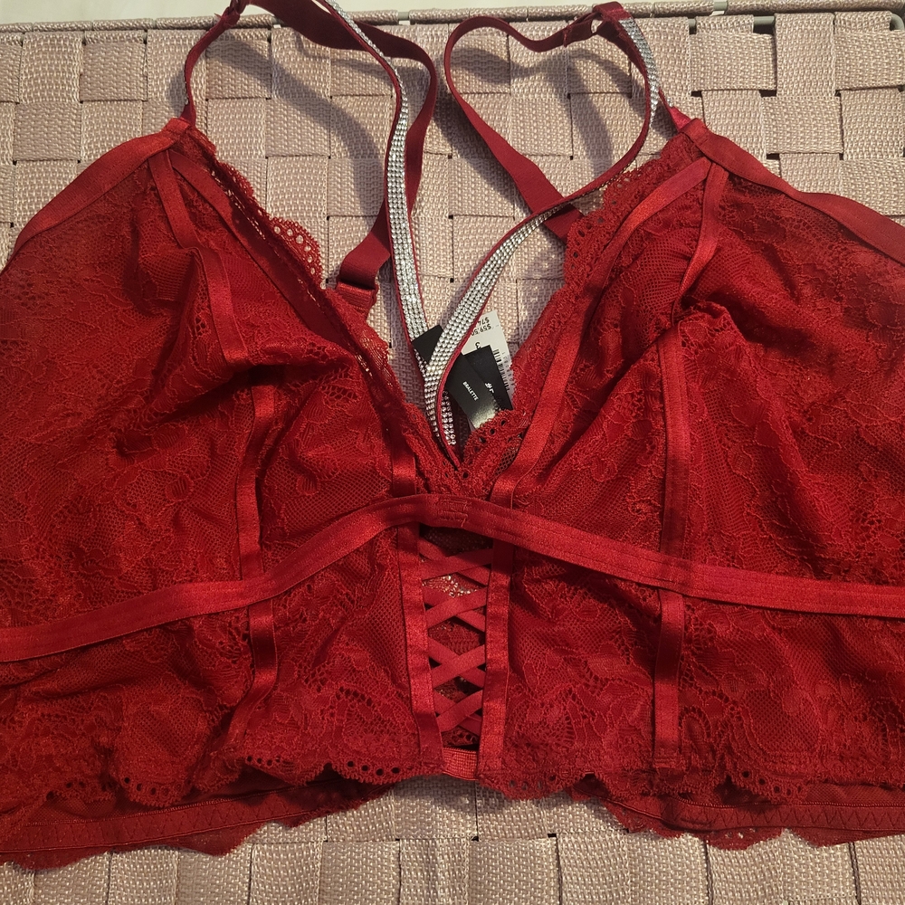 Torrid Elegant Red Lace Bralette With Rhinestone Straps